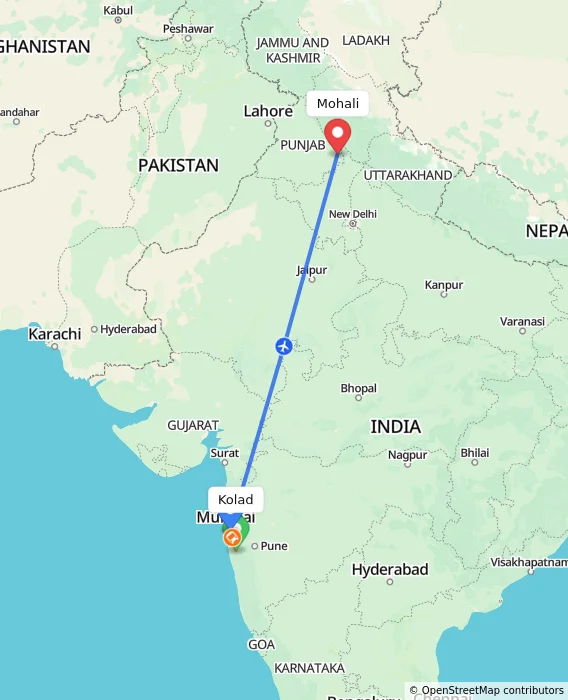 Route map showing distance and travel time from Kolad, India to Mohali, India