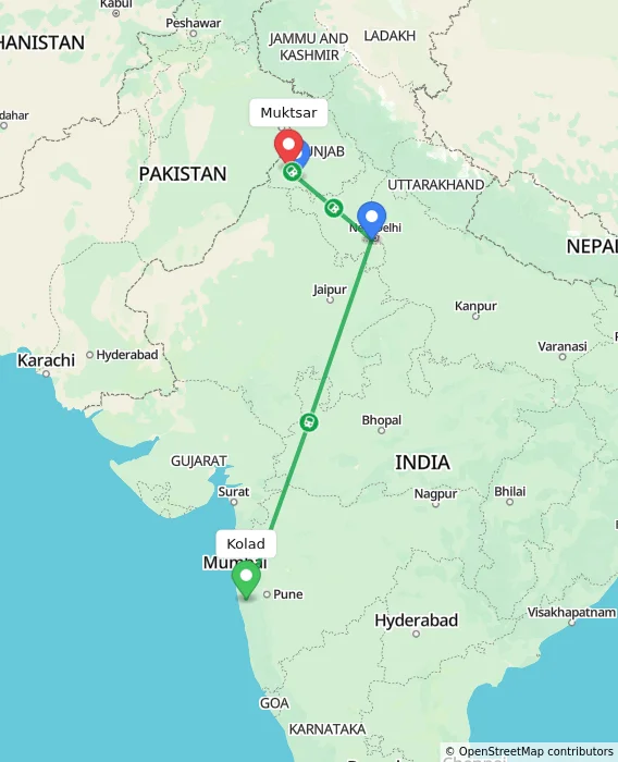 Route map showing distance and travel time from Kolad, India to Muktsar, India