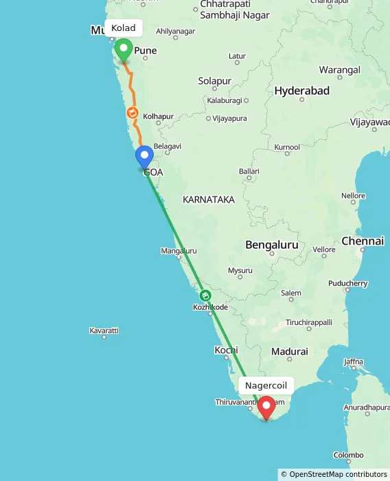 Route map showing distance and travel time from Kolad, India to Nagercoil, India