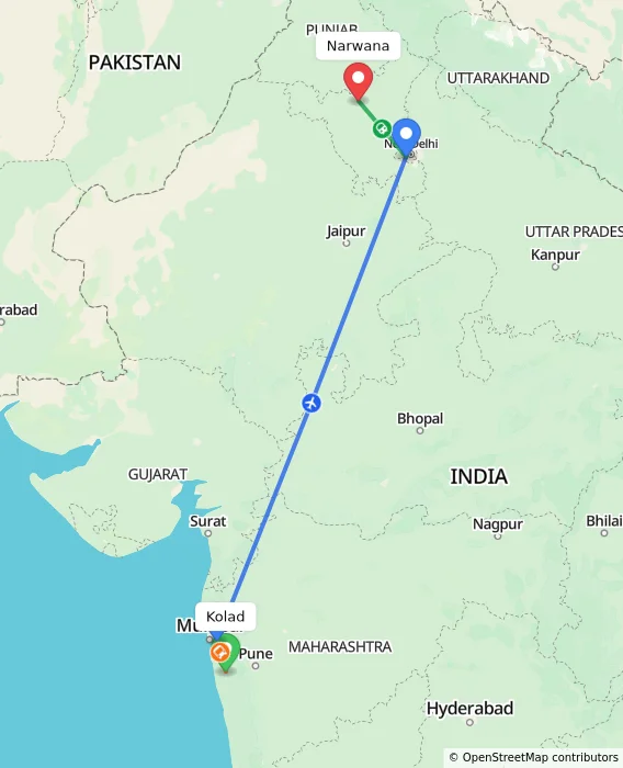 Route map showing distance and travel time from Kolad, India to Narwana, India