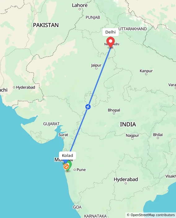 Route map showing distance and travel time from Kolad, India to Delhi, India