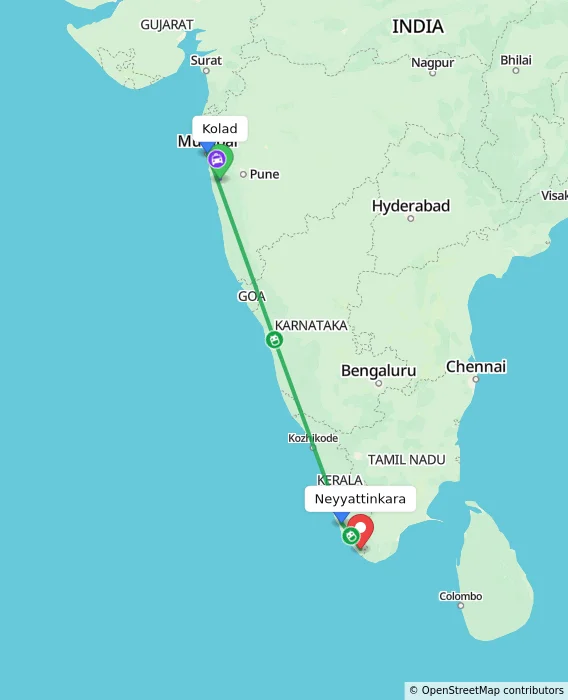 Route map showing distance and travel time from Kolad, India to Neyyattinkara, India