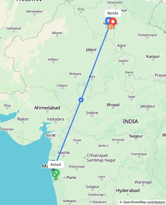 Route map showing distance and travel time from Kolad, India to Noida, India