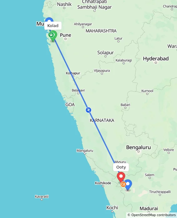 Route map showing distance and travel time from Kolad, India to Ooty, India