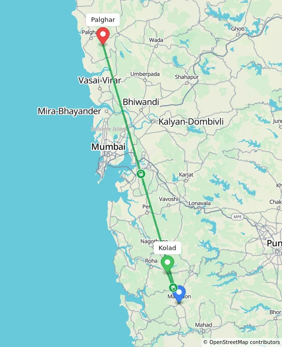 Route map showing distance and travel time from Kolad, India to Palghar, India