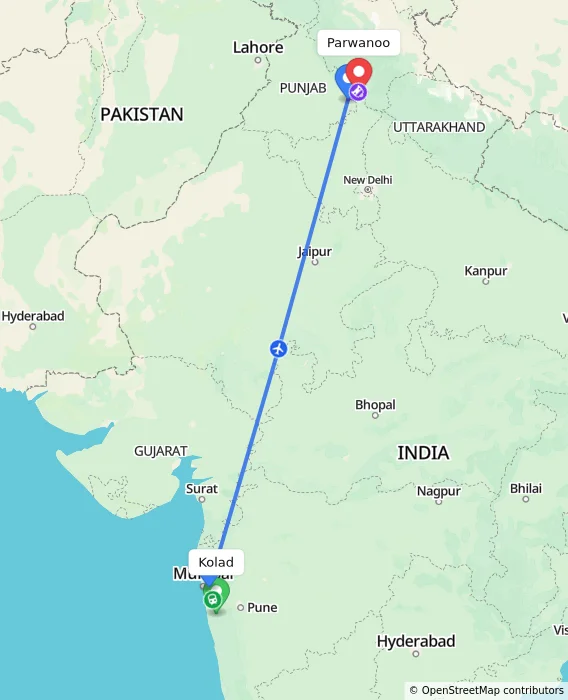 Route map showing distance and travel time from Kolad, India to Parwanoo, India