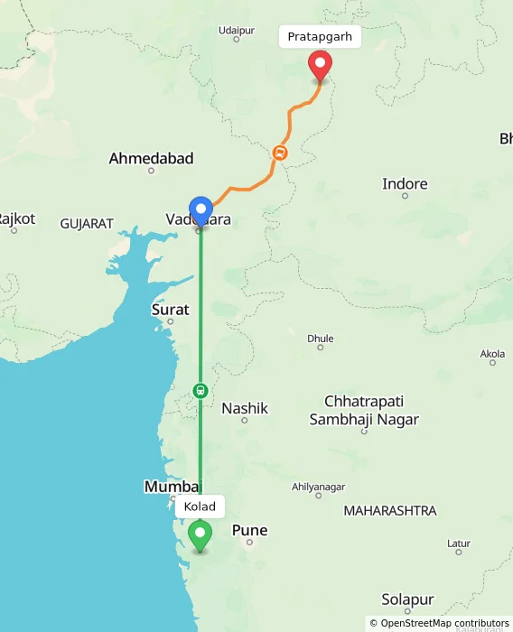 Route map showing distance and travel time from Kolad, India to Pratapgarh, India
