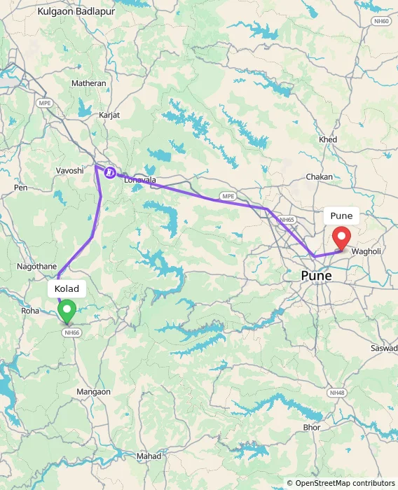 Route map showing distance and travel time from Kolad, India to Pune, India