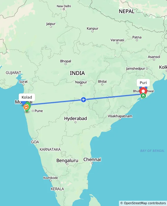 Route map showing distance and travel time from Kolad, India to Puri, India