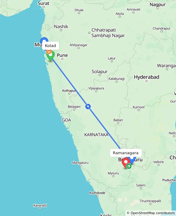 Route map showing distance and travel time from Kolad, India to Ramanagara, India