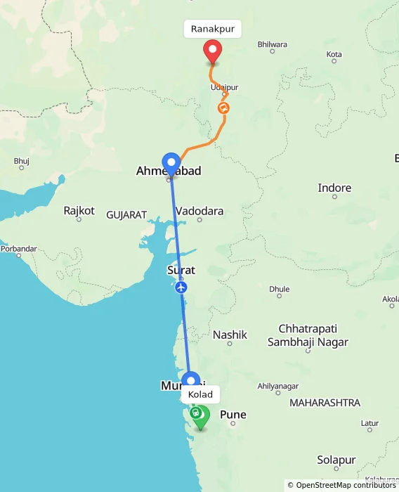 Route map showing distance and travel time from Kolad, India to Ranakpur, India