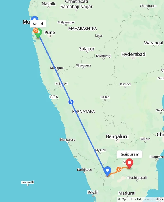 Route map showing distance and travel time from Kolad, India to Rasipuram, India