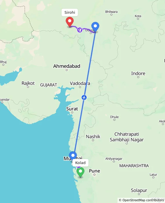 Route map showing distance and travel time from Kolad, India to Sirohi, India