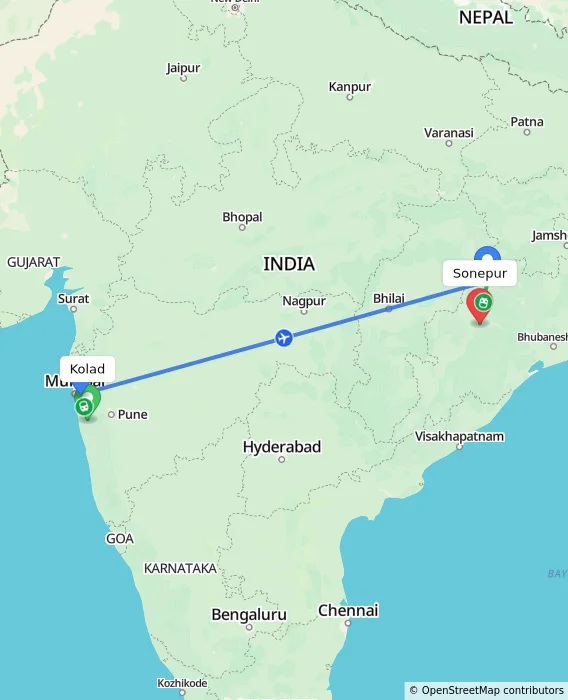 Route map showing distance and travel time from Kolad, India to Sonepur, India