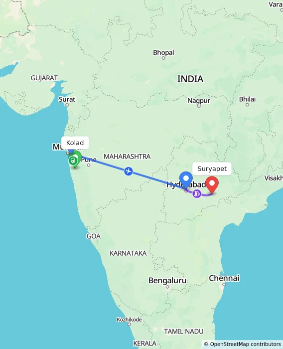 Route map showing distance and travel time from Kolad, India to Suryapet, India