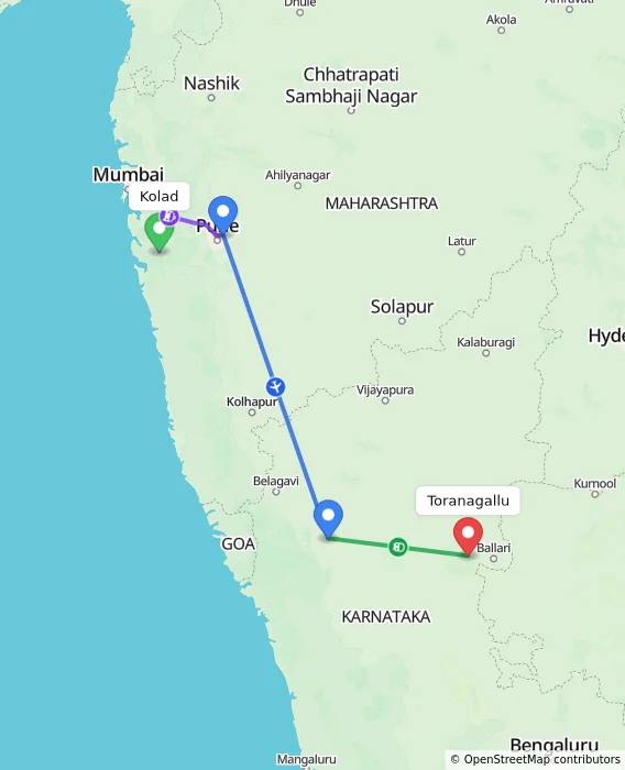 Route map showing distance and travel time from Kolad, India to Toranagallu, India