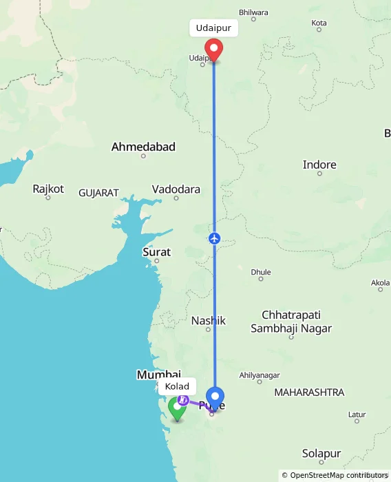 Route map showing distance and travel time from Kolad, India to Udaipur, India