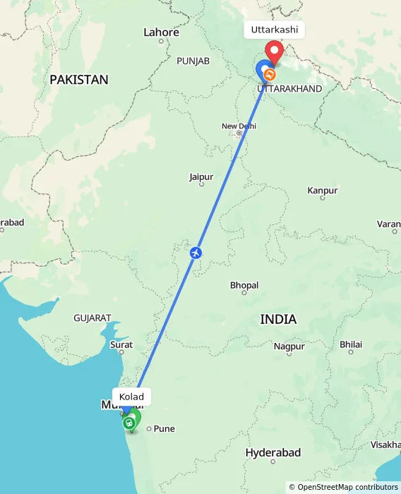 Route map showing distance and travel time from Kolad, India to Uttarkashi, India
