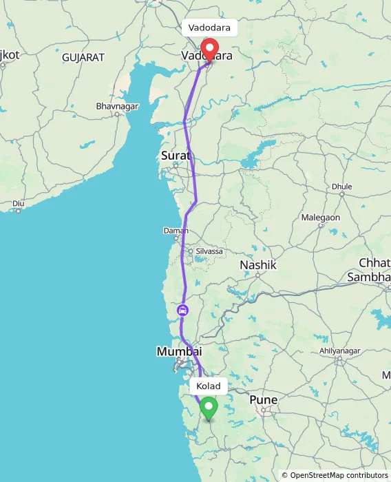 Route map showing distance and travel time from Kolad, India to Vadodara, India