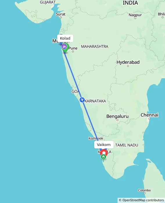 Route map showing distance and travel time from Kolad, India to Vaikom, India
