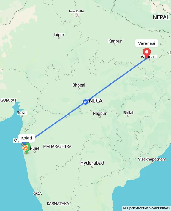 Route map showing distance and travel time from Kolad, India to Varanasi, India