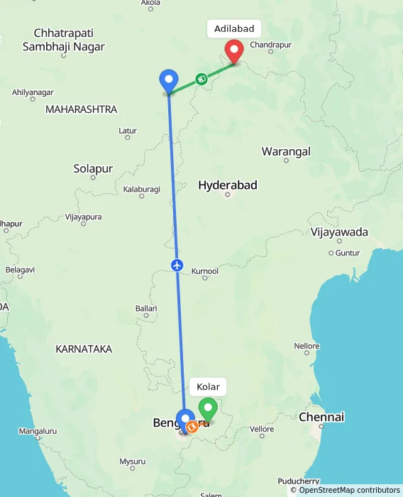 Route map showing distance and travel time from Kolar, India to Adilabad, India