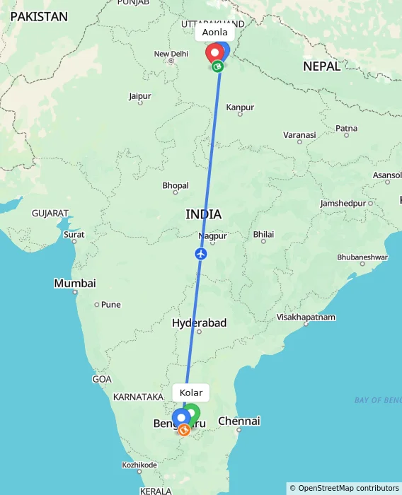 Route map showing distance and travel time from Kolar, India to Aonla, India
