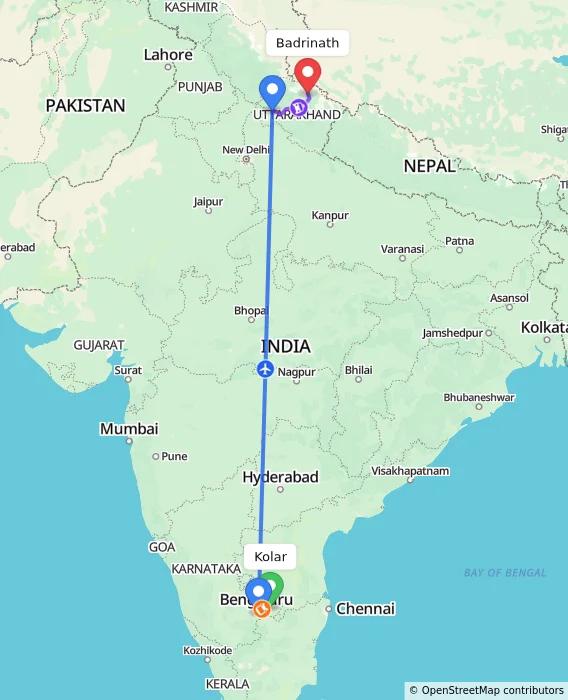 Route map showing distance and travel time from Kolar, India to Badrinath, India
