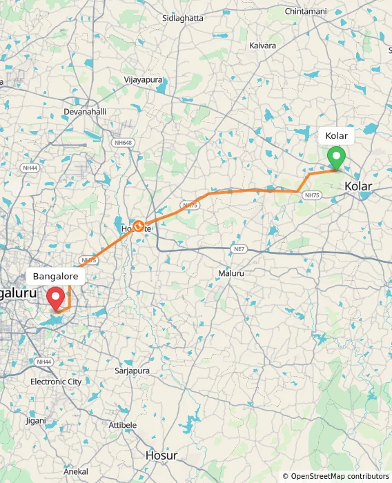 Route map showing distance and travel time from Kolar, India to Bangalore, India