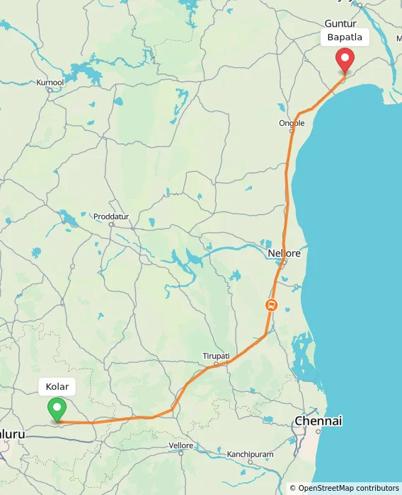 Route map showing distance and travel time from Kolar, India to Bapatla, India