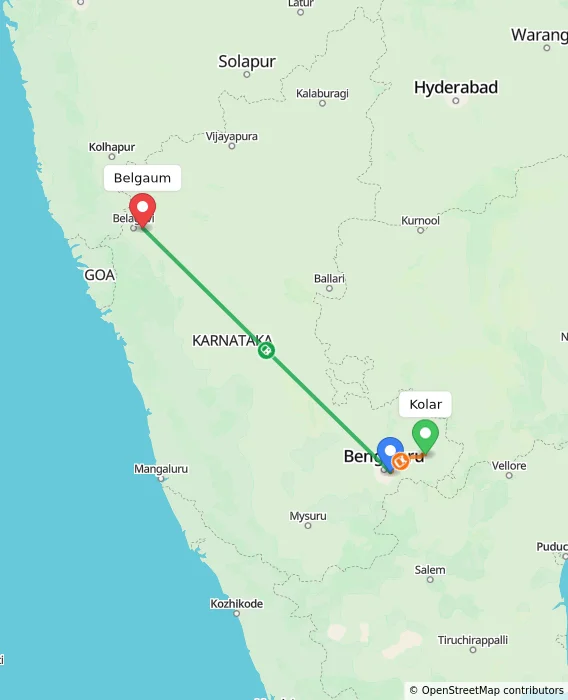 Route map showing distance and travel time from Kolar, India to Belgaum, India