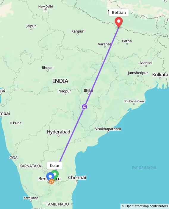 Route map showing distance and travel time from Kolar, India to Bettiah, India