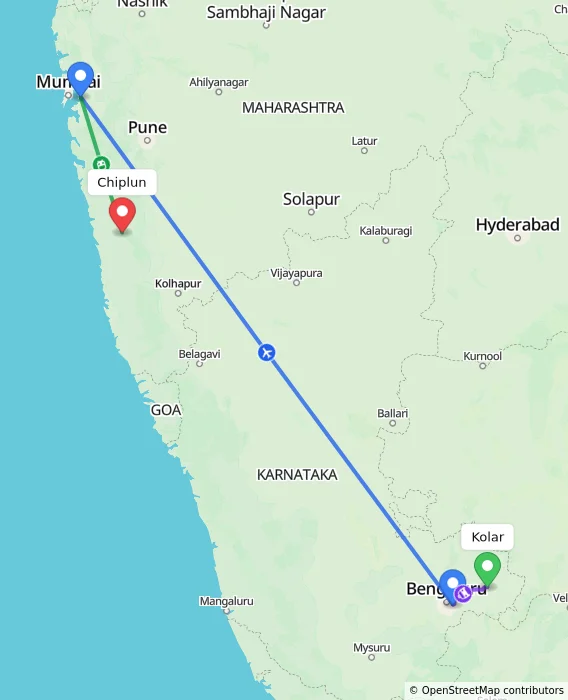 Route map showing distance and travel time from Kolar, India to Chiplun, India