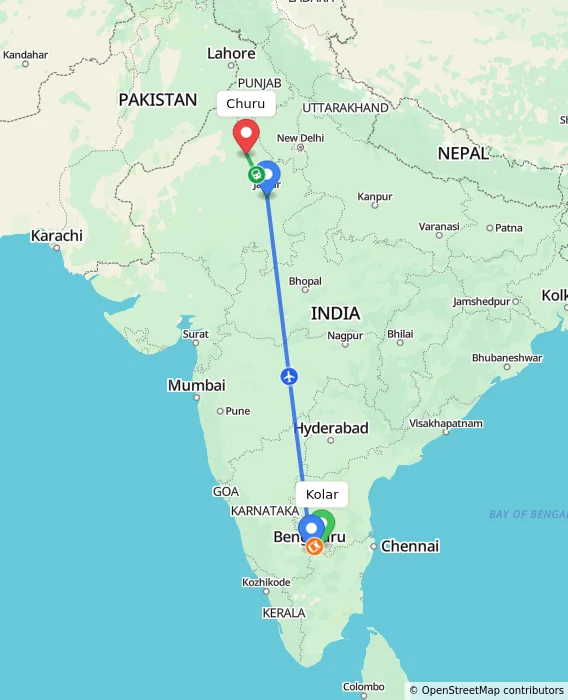 Route map showing distance and travel time from Kolar, India to Churu, India