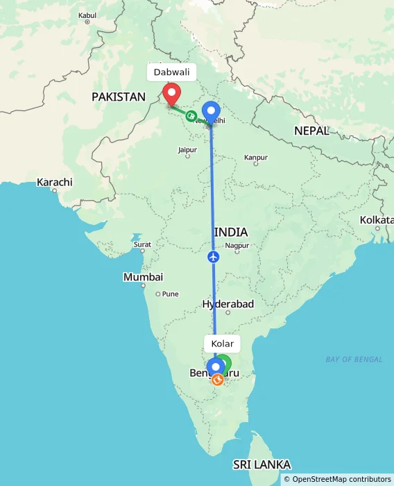 Route map showing distance and travel time from Kolar, India to Dabwali, India