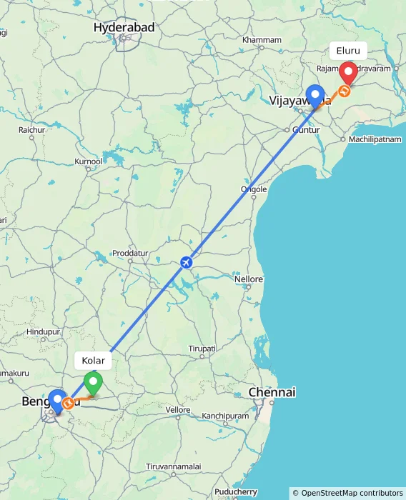 Route map showing distance and travel time from Kolar, India to Eluru, India
