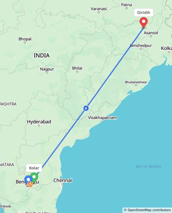 Route map showing distance and travel time from Kolar, India to Giridih, India