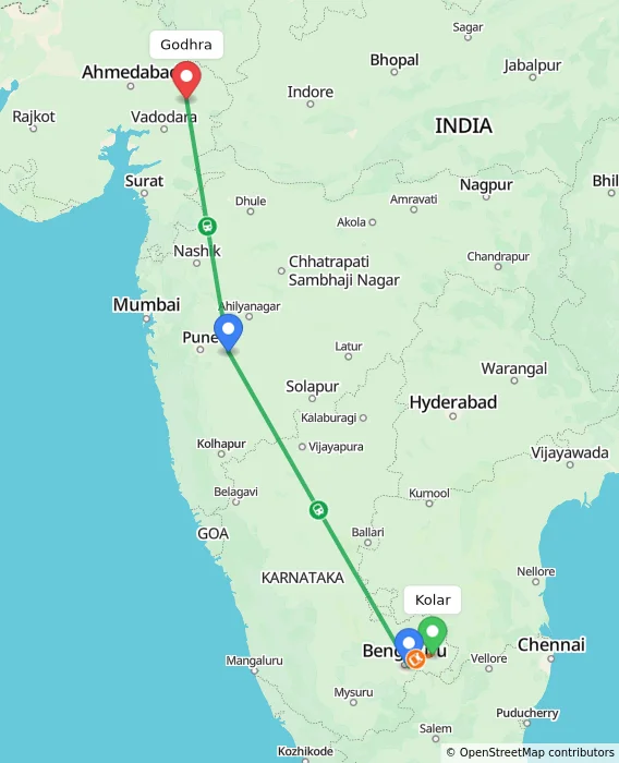 Route map showing distance and travel time from Kolar, India to Godhra, India