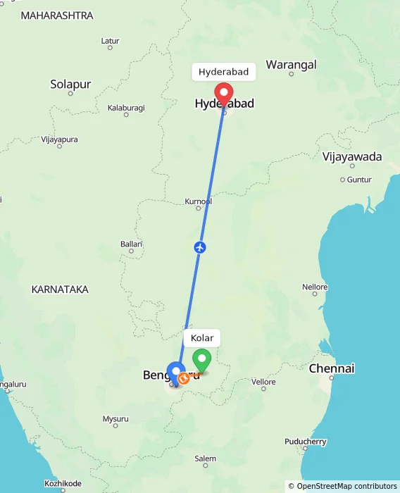 Route map showing distance and travel time from Kolar, India to Hyderabad, India