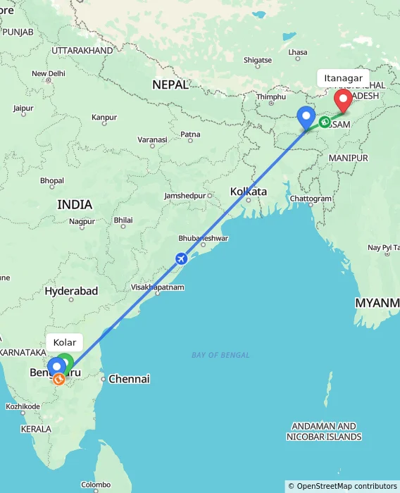 Route map showing distance and travel time from Kolar, India to Itanagar, India
