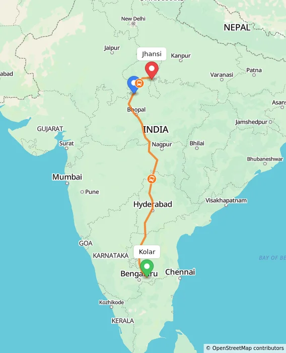 Route map showing distance and travel time from Kolar, India to Jhansi, India