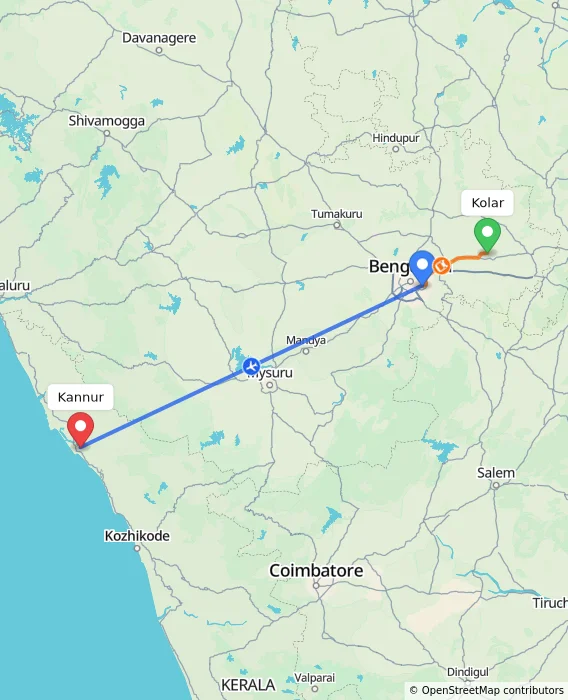 Route map showing distance and travel time from Kolar, India to Kannur, India