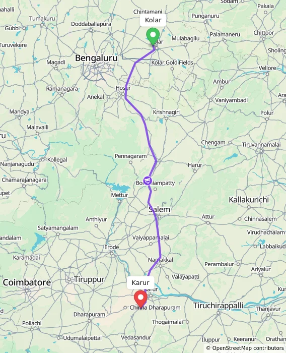 Route map showing distance and travel time from Kolar, India to Karur, India