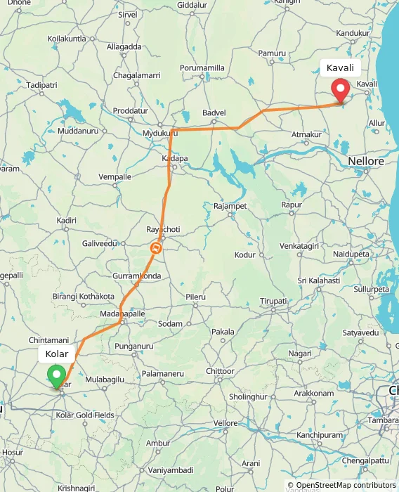 Route map showing distance and travel time from Kolar, India to Kavali, India