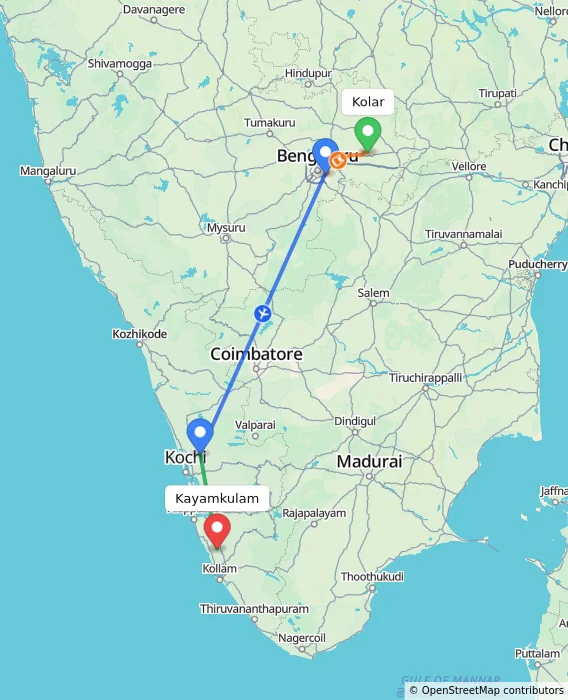 Route map showing distance and travel time from Kolar, India to Kayamkulam, India