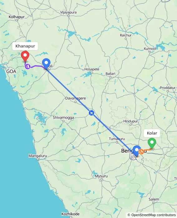 Route map showing distance and travel time from Kolar, India to Khanapur, India