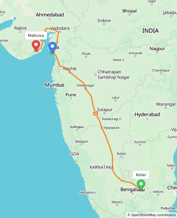 Route map showing distance and travel time from Kolar, India to Mahuva, India