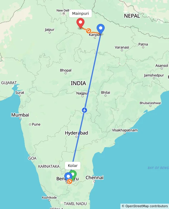 Route map showing distance and travel time from Kolar, India to Mainpuri, India