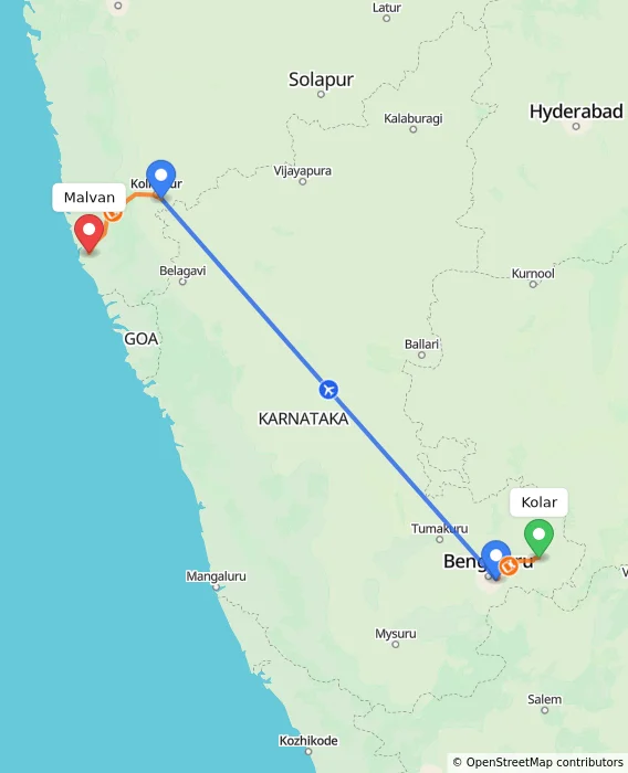 Route map showing distance and travel time from Kolar, India to Malvan, India
