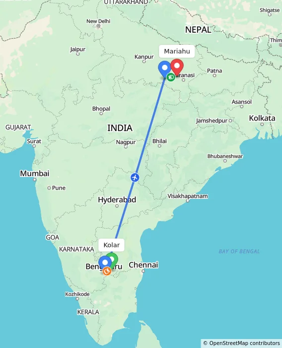 Route map showing distance and travel time from Kolar, India to Mariahu, India